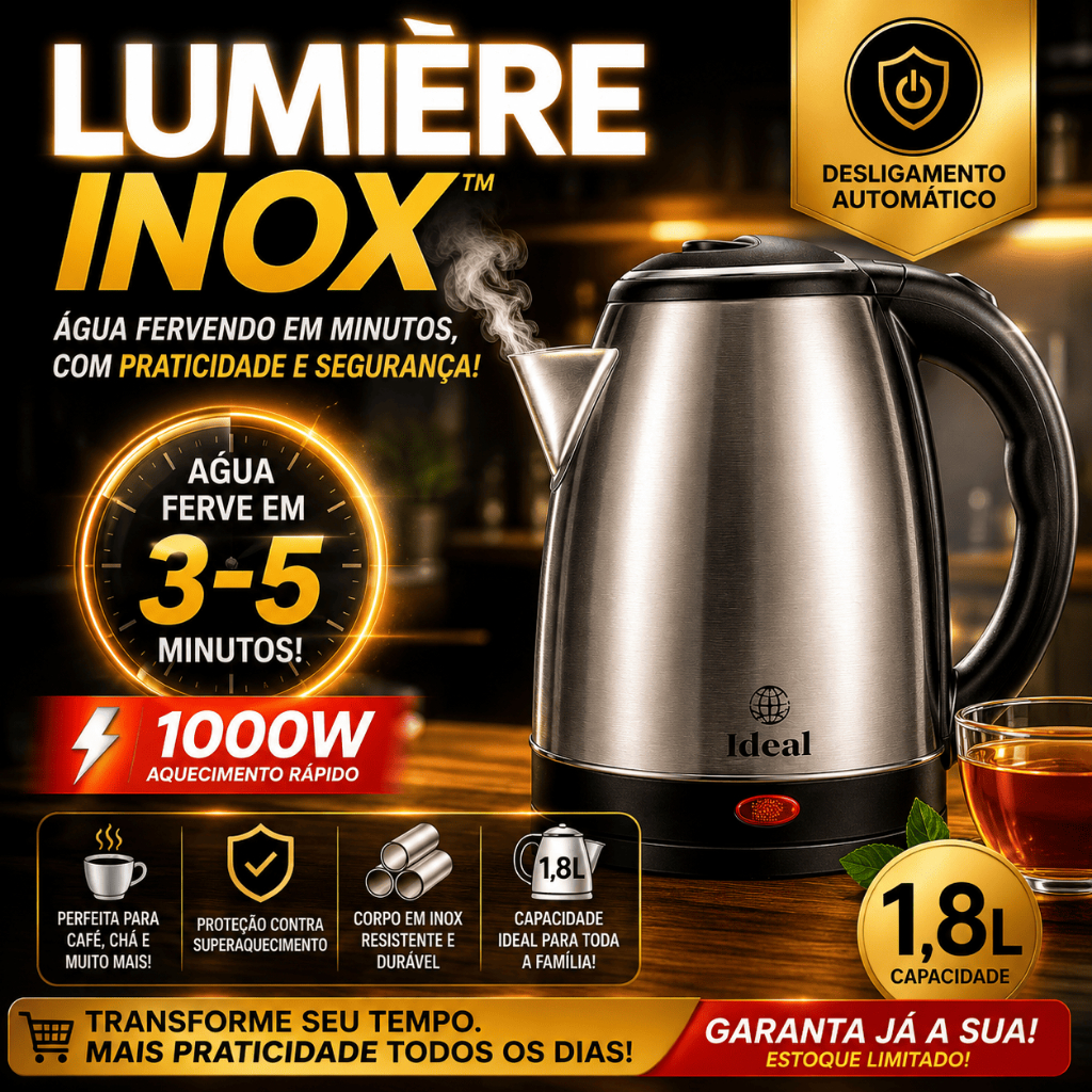 Chaleira Elétrica Inox 1,8L 1000W Desligamento Automático Aquecimento Rápido 110V Lumière Inox™