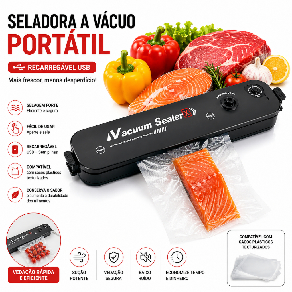 Seladora a Vácuo Portátil para Alimentos Vacuum Sealer Recarregável USB para Sacos Plásticos