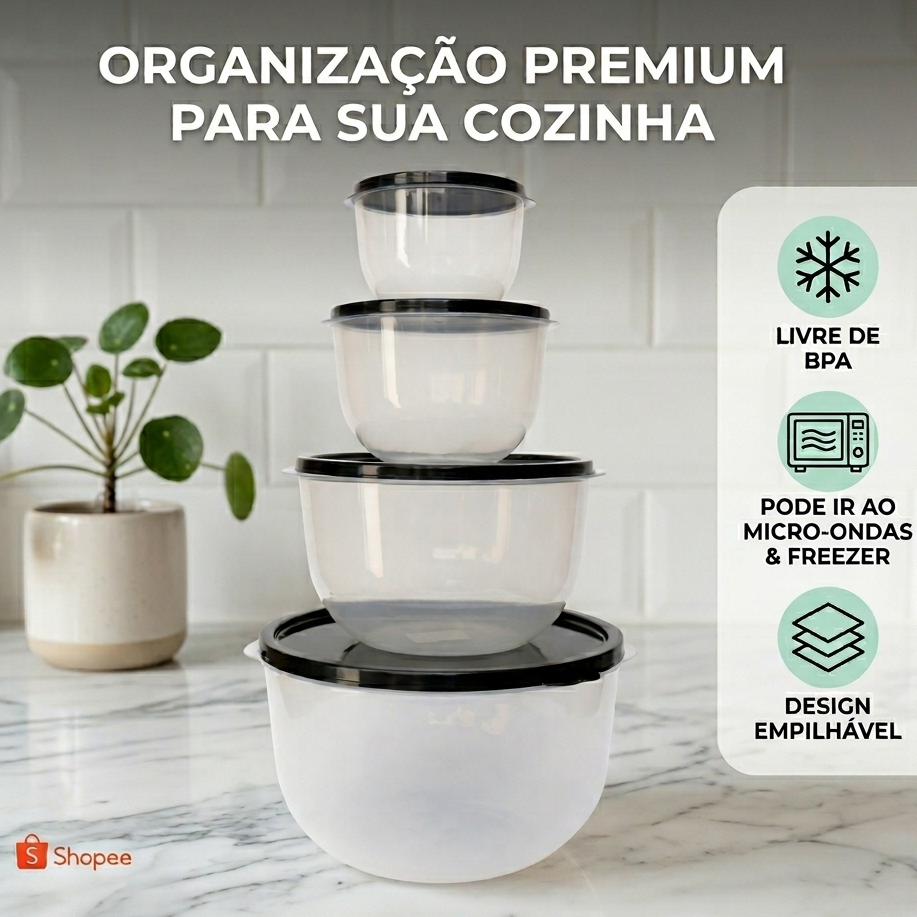 Kit Potes 4 peças Redondo para alimentos plástico transparente herméticos BPA Free