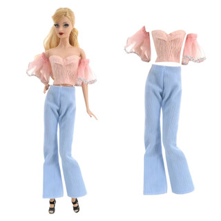 Casa de bonecas roupa boneca 30 cm cjto 3 pcs calça comprida azul, mangas e top rosa