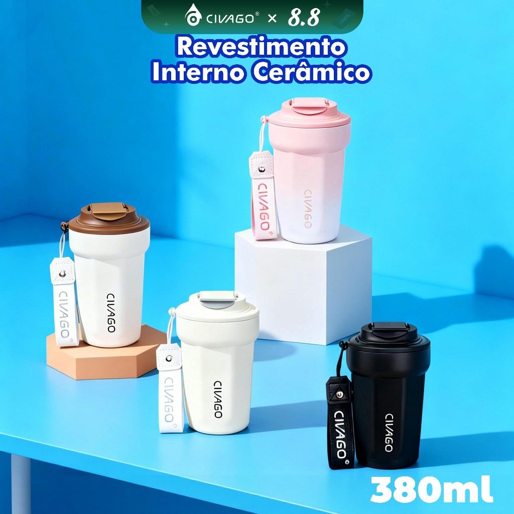 Civago Copo Térmico  380mL Garrafa Térmica Café Chá bebida gelada Revestimento Interno Cerâmico Com Tampa Quente/Frio