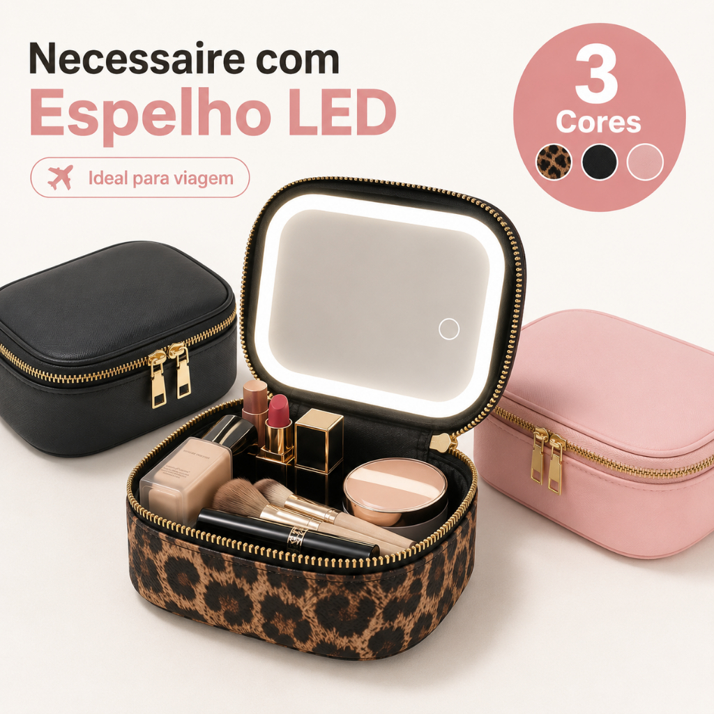 Necessaire Feminina com Espelho LED 3 Tons de Luz Recarregável Porta Maquiagem para Viagem
