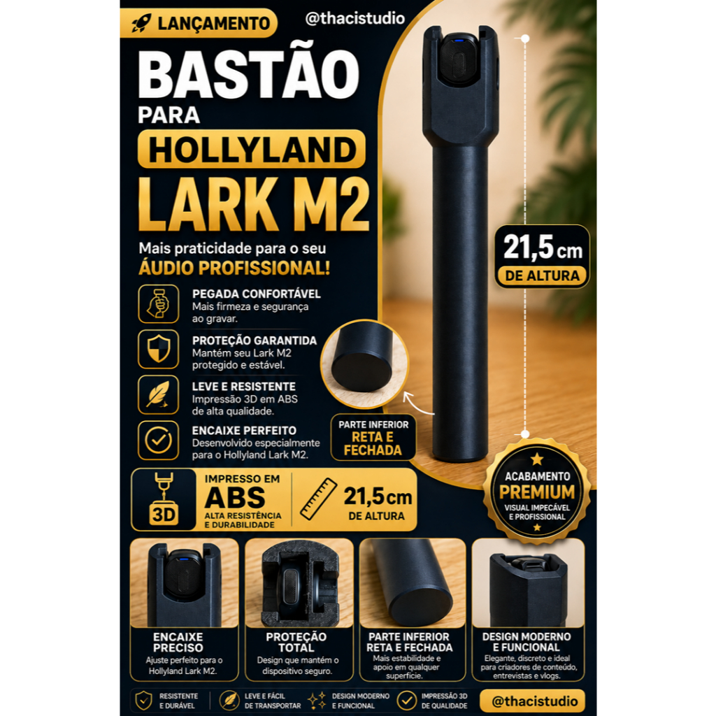 Bastão para Hollyland Lark M2 21,5cm em ABS | Suporte para Microfone Lapela | Impressão 3D Premium