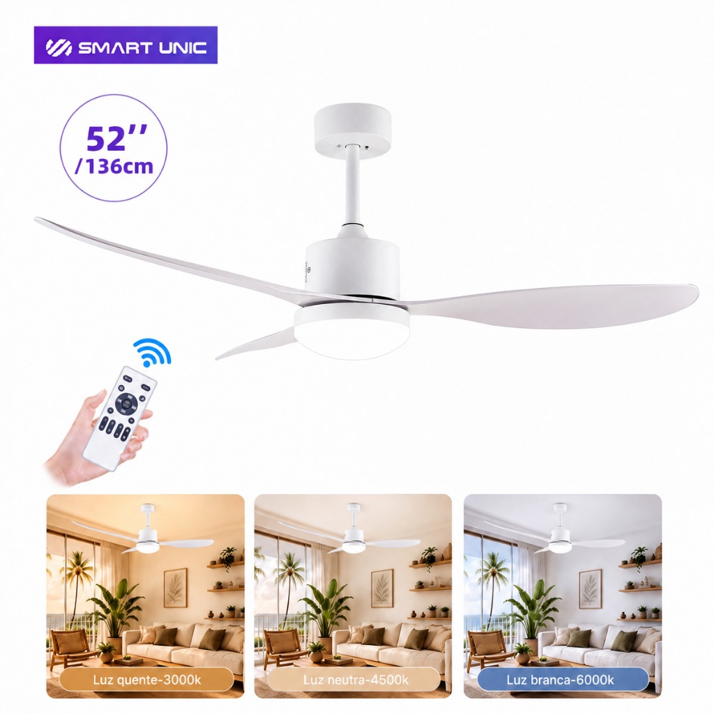 Smart Unic 136cm Ventilador De Teto Turbo LED Bivolt Silencioso 127/220V Controle Remoto 3 Pás Em ABS