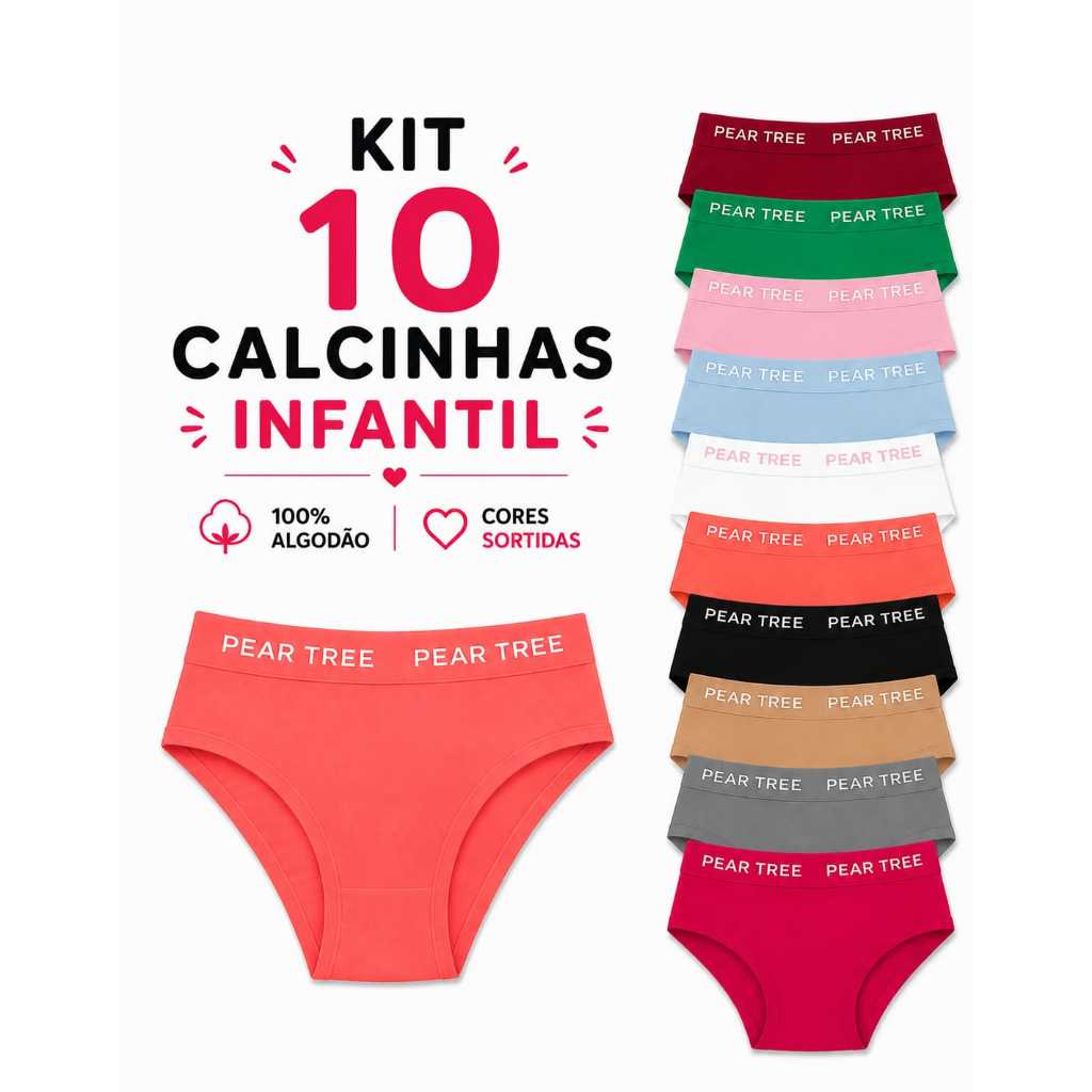kit 10 Calcinhas Infantil de Algodão Juvenil Menina Moça Cós Alto Conforto