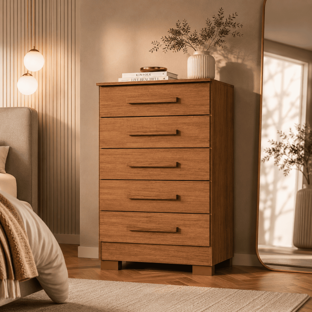 Cômoda MDP 5 Gavetas Cedro Madeira Com Puxador Para Quarto Decoração Closet Gaveteiro Alto Organizador