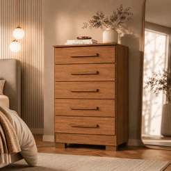 Cômoda MDP 5 Gavetas Cedro Madeira Com Puxador Para Quarto Decoração Closet Gaveteiro Alto Organizador