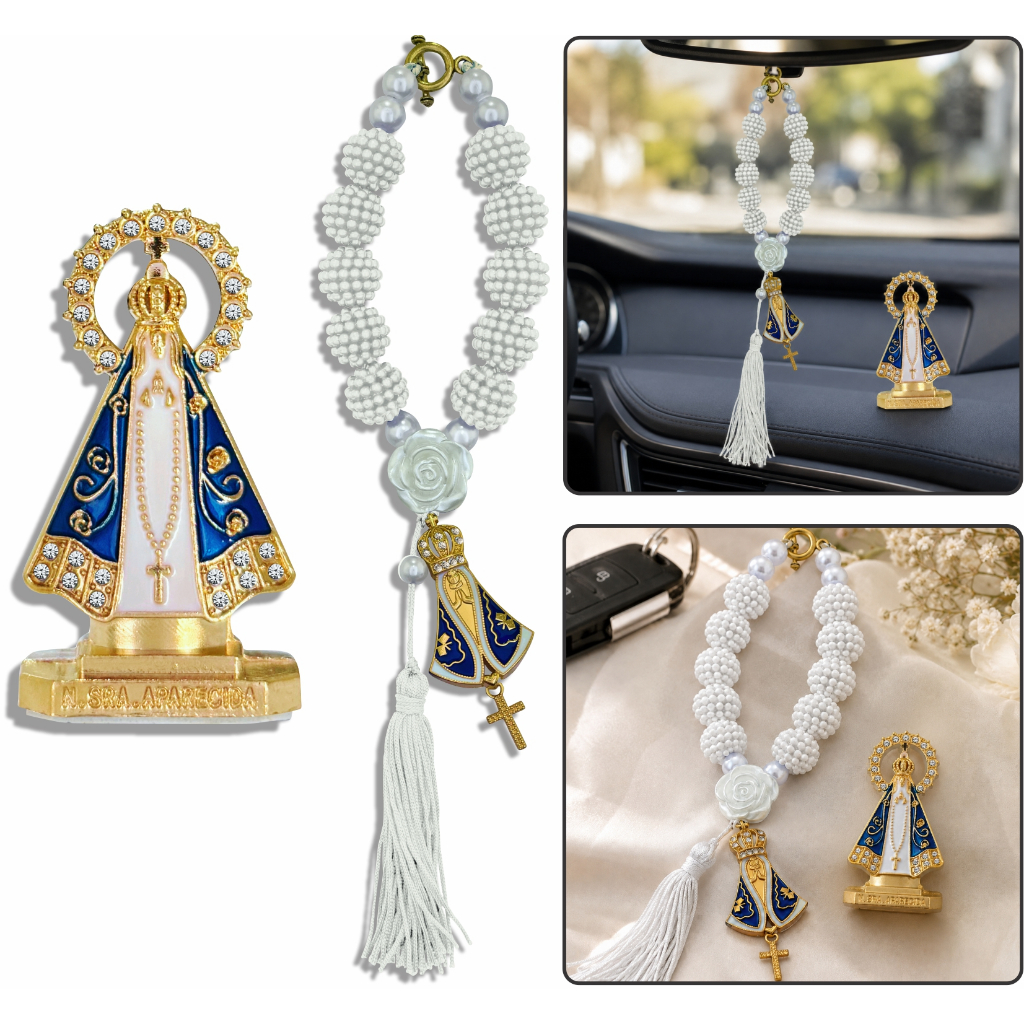Kit Carro Nossa Senhora Aparecida Imagem Adesiva Painel E Mini Terço Dezena Retrovisor Automotivo