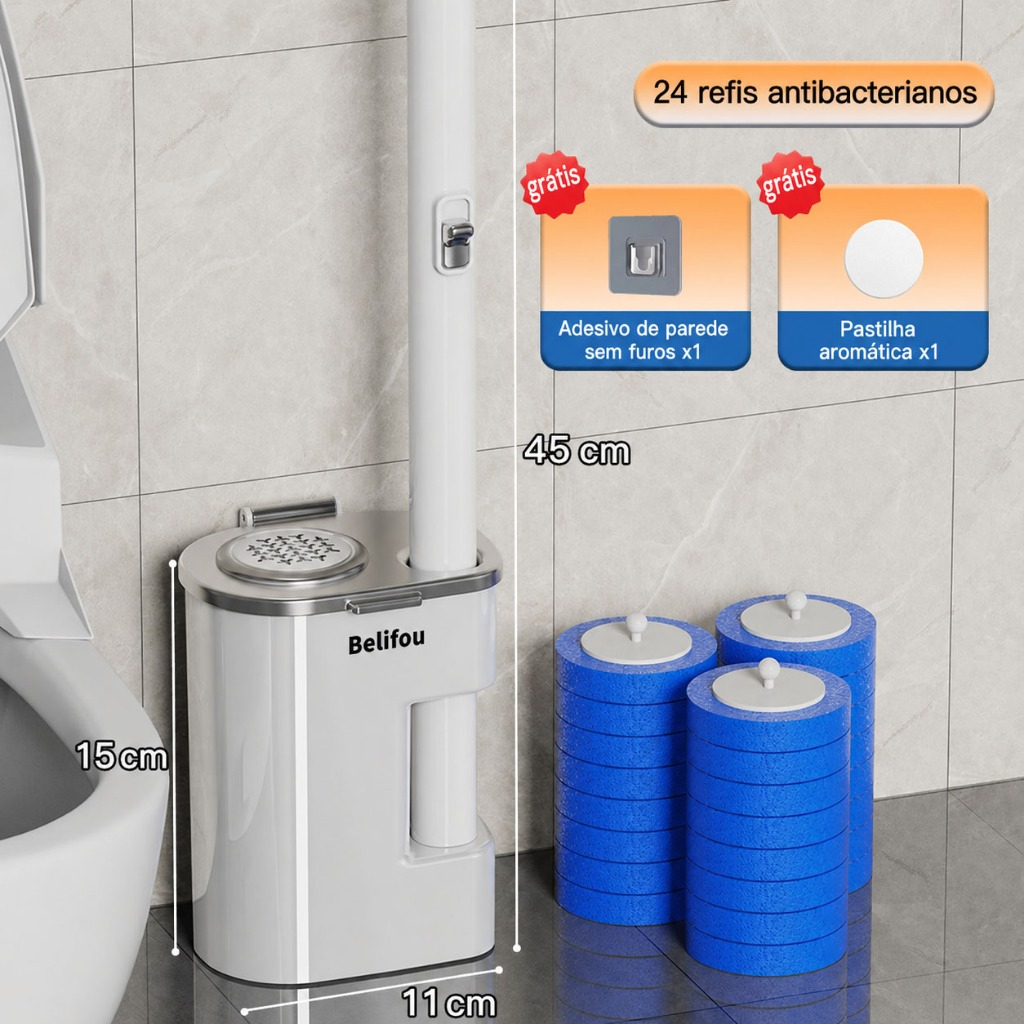 Escova Descartável para Vaso Sanitário com Refil e Suporte de Parede