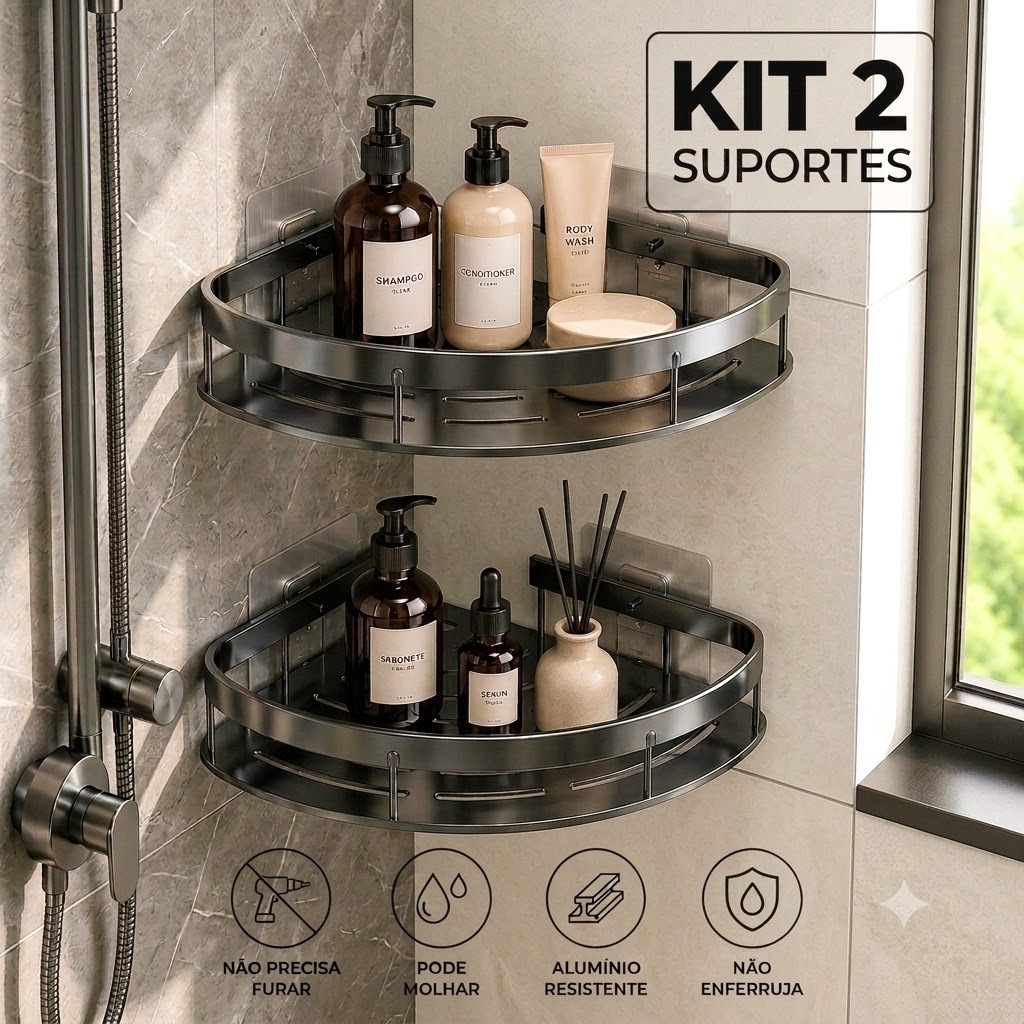 Kit 2 Suporte Porta Shampoo Prateleira De Canto Banheiro Sem Furo Adesivo Alumínio Premium Preto