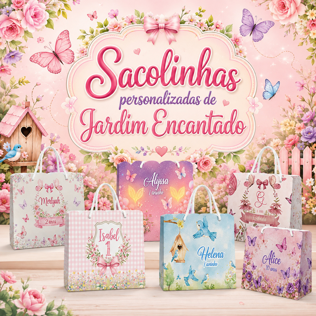 10 Sacolinhas Personalizadas Para Lembrancinha Tema Jardim Encantado das Borboletas