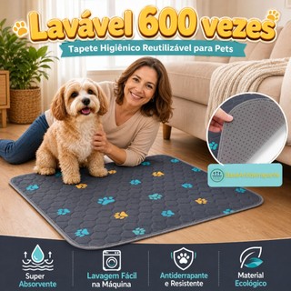 [600 Lavagens] Tapete Higiênico Cinza Escuro Lavável 80x60cm para Cachorro Super Absorven…