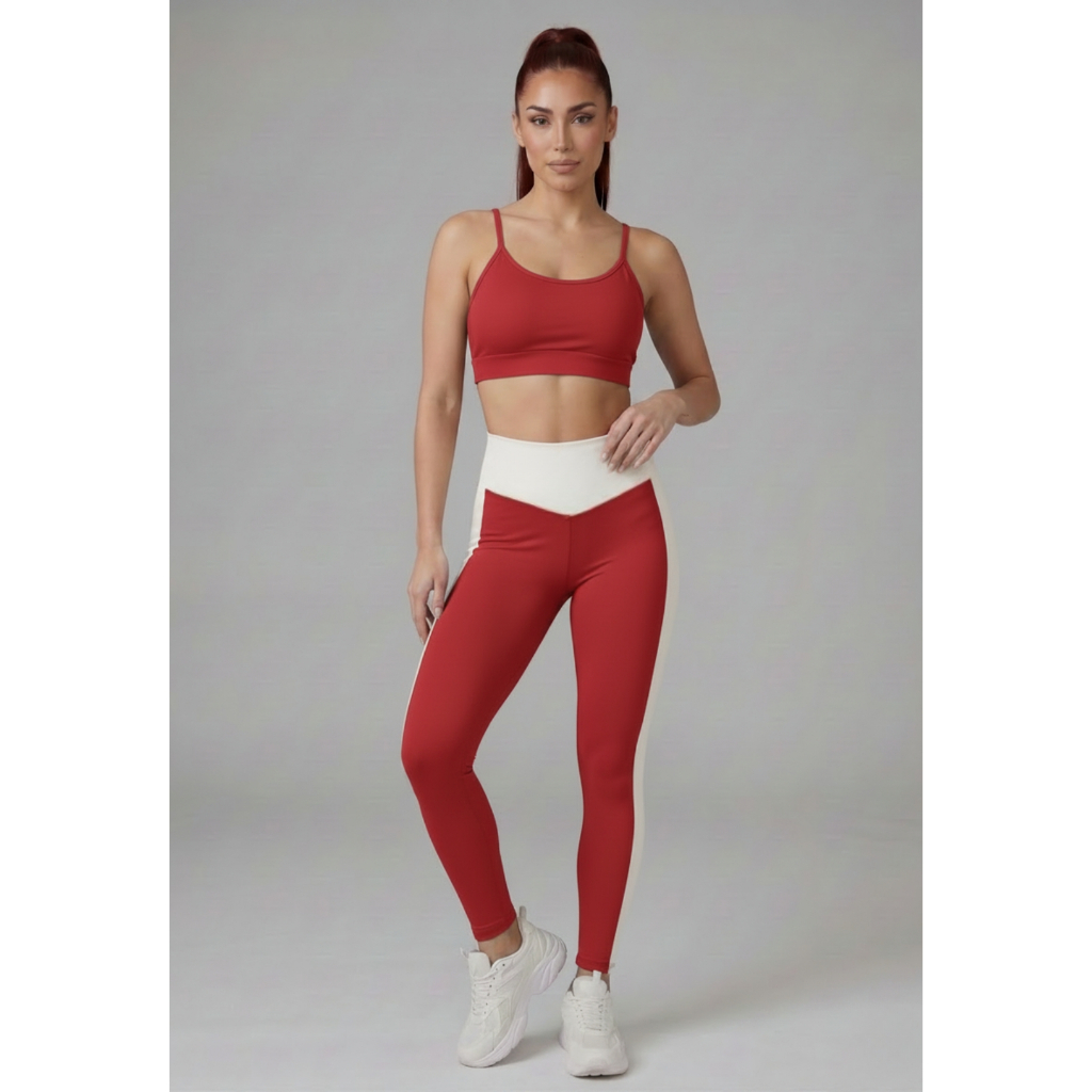 Conjunto Fitness Bicolor Feminino Top Alça e Legging Cós Alto Modelador Com Bolso Para Celular Academia