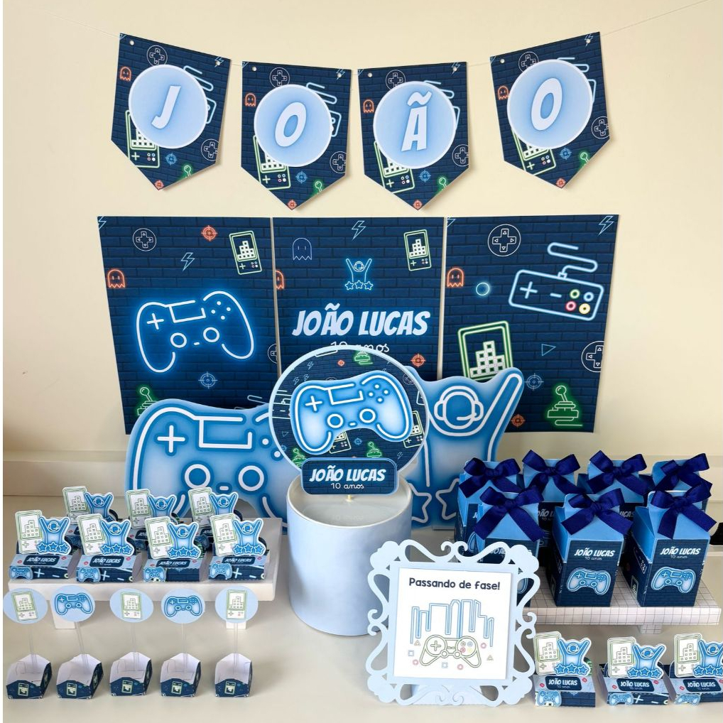 Kit Festa Video Game Menino Azul Personalizado | Só Bolinho | Aniversário Lembrancinha