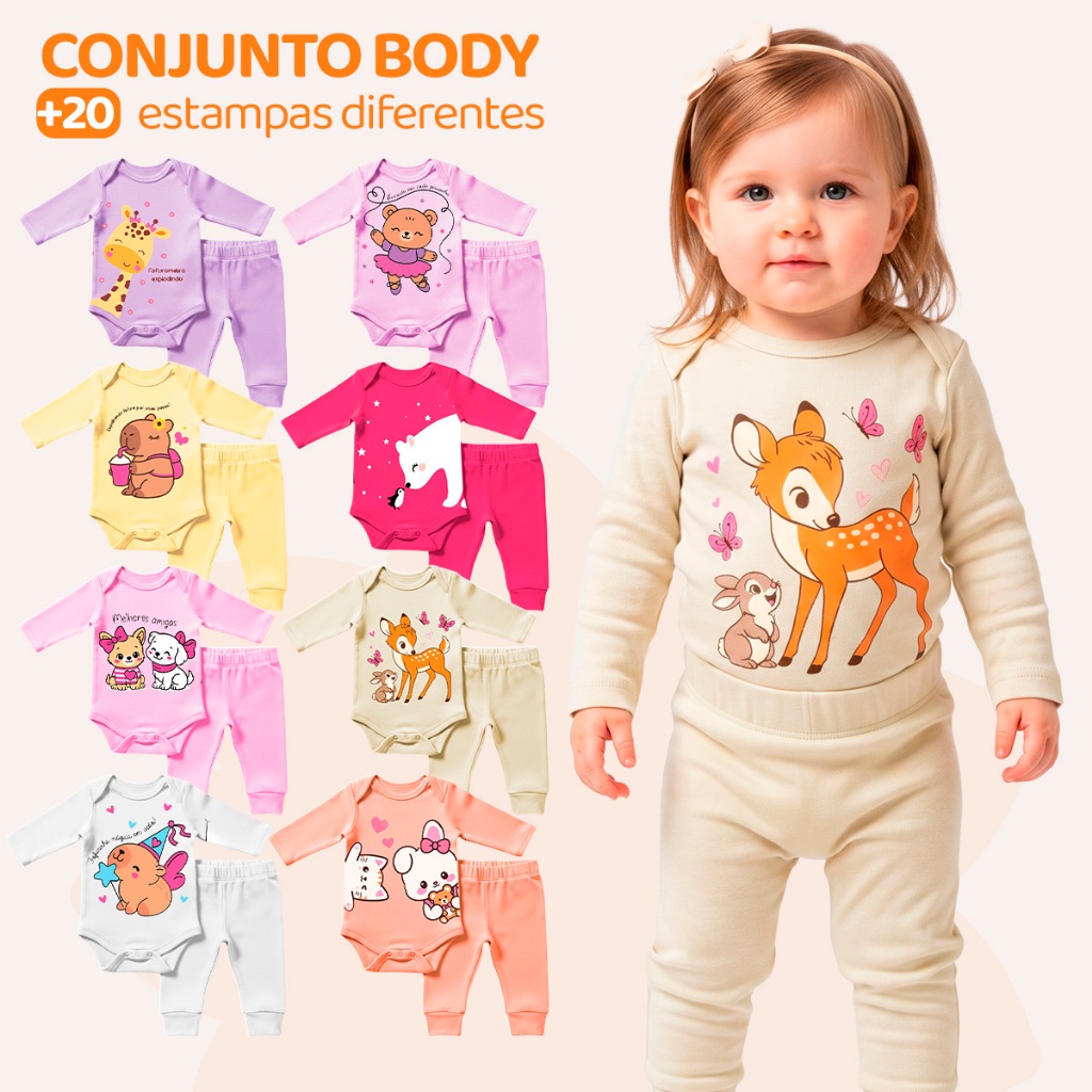 Kit 4 Peças de Roupas para Bebê Menina (2 Body Longo + 2 Calça Mijão) Kit 2 Body