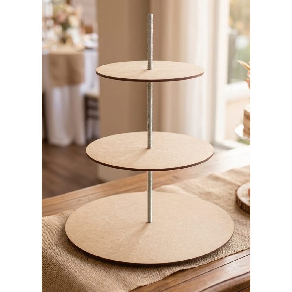 Suporte Bolo 3 Andares Mdf Cru 20cm 25cm 30cm e 50cm de Barra Roscada Festa Laser