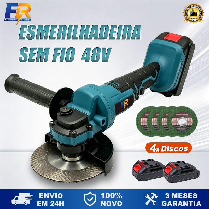 Esmerilhadeira Lixadeira Elétrica Sem Fio Profissional 115mm 2 Baterias 48V 4 Discos