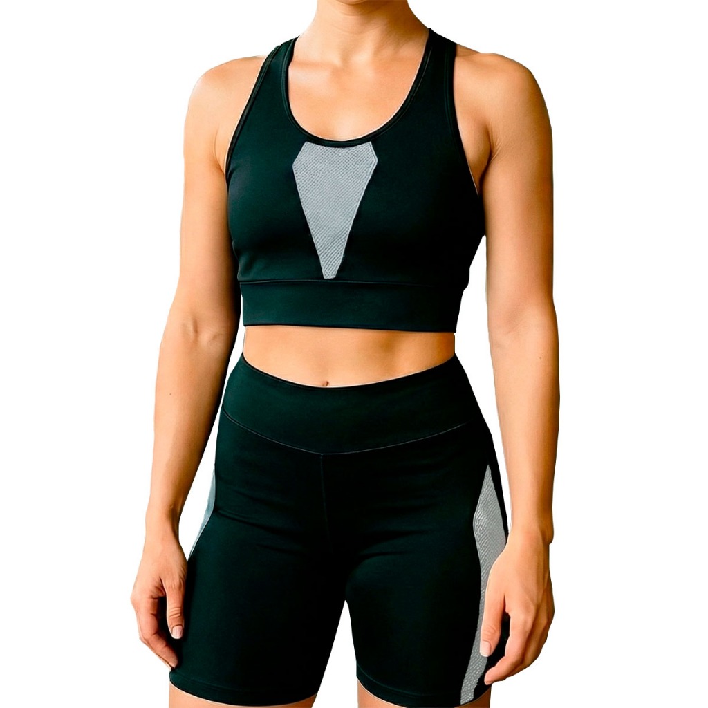 Short Top Fitness Feminino Conjunto Legging Academia Zero Transparência Alta Compressão 2 Bolsos Poliamida