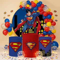 Kit Capas Painel de Festa Redondo + 3 Capas Cilindros P M e G Superman Homem de Aço