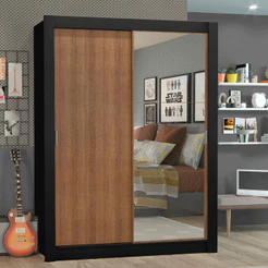 Guarda-Roupa Solteiro Madesa Denver 2 Portas de Correr com Espelho - Preto/Rustic