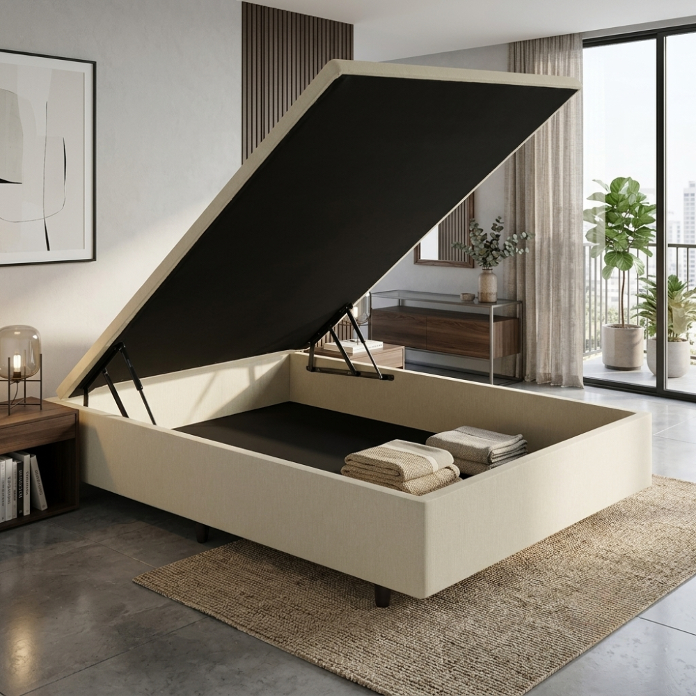 Base Box Baú Viúva 128x188x42cm Courino Linho Areia
