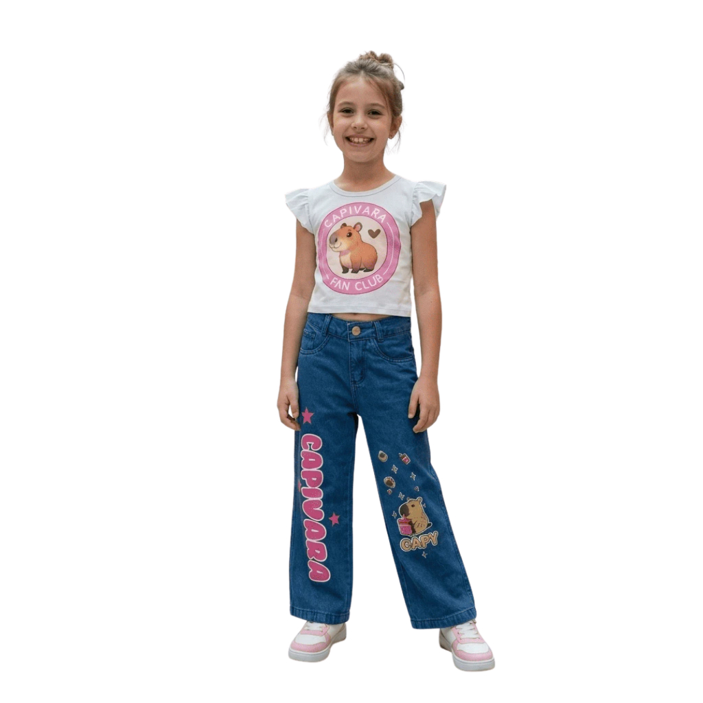 Conjunto Infantil Menina Calça Jeans Feminina Wide Leg com Regulagem na Cintura Blusa Capivara - Claro
