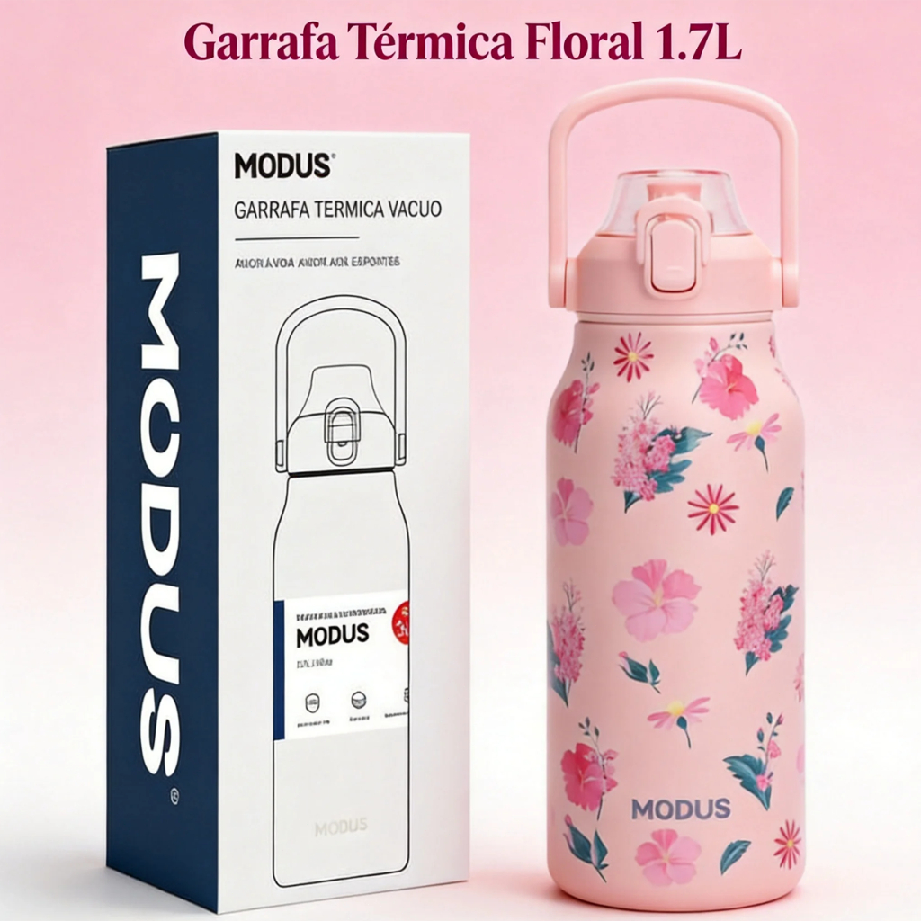 MODUS Garrafa Térmica 1700ML Aço Inoxidável 304 Estampa Floral Rosa com Bico Canudo Tampa Flip Prova de Vazamento