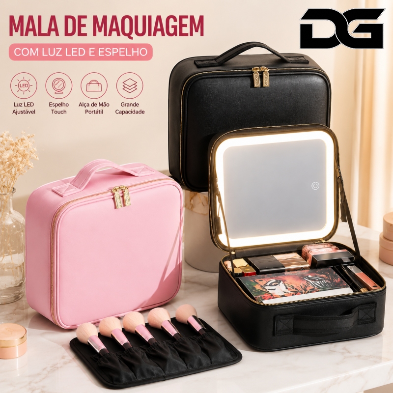 Mala de Maquiagem com Espelho e Luz LED Tocável,Grande Capacidade,Bolsa Portátil Organizadora para Cosméticos Viagem-Q10