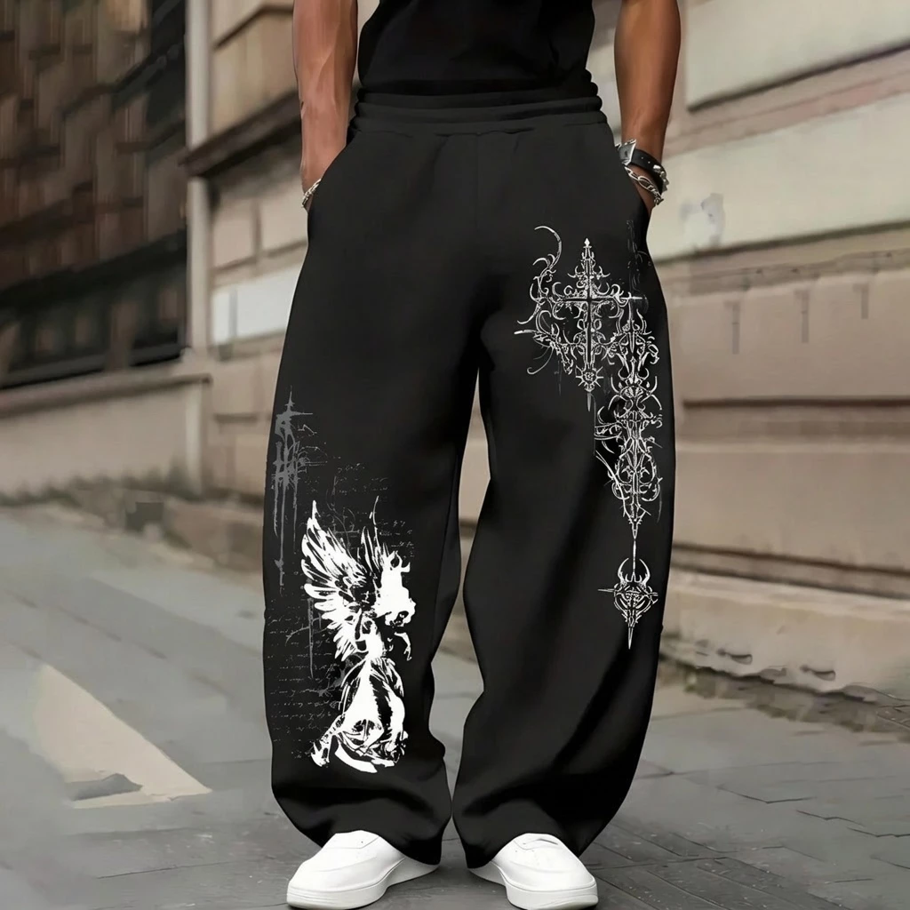 Calça Wide Leg Masculina Estampada Com Estampa Estilosa de Cruz Pássaro Escritas Streetwear Roupa de Rua Hip-hop