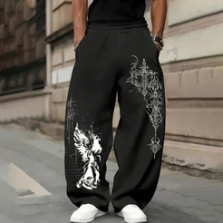 Calça Wide Leg Masculina Estampada Com Estampa Estilosa de Cruz Pássaro Escritas Streetwear Roupa de Rua Hip-hop