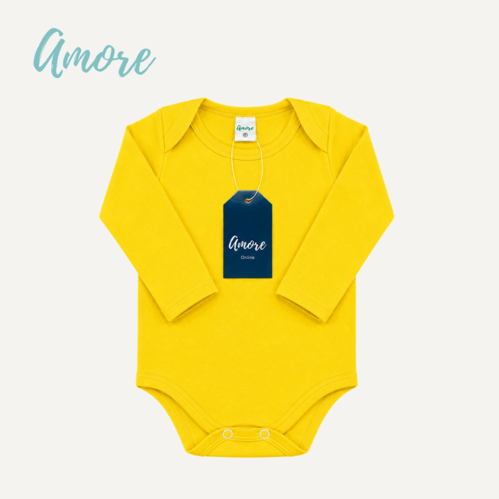 Body Manga Longa Amarelo Suedine - 100% Algodão