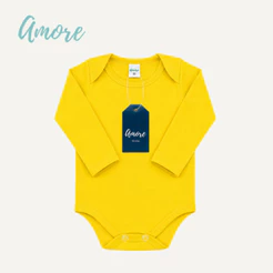 Body Manga Longa Amarelo Suedine - 100% Algodão