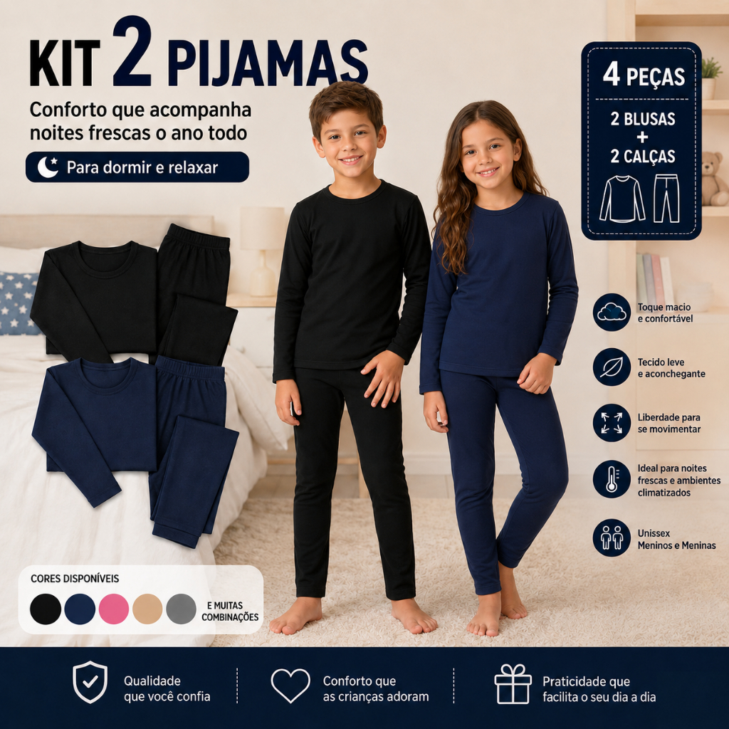 Kit 2 Pijamas Infantil Unissex Menino Menina Confortável Soft Manga Longa com Calça