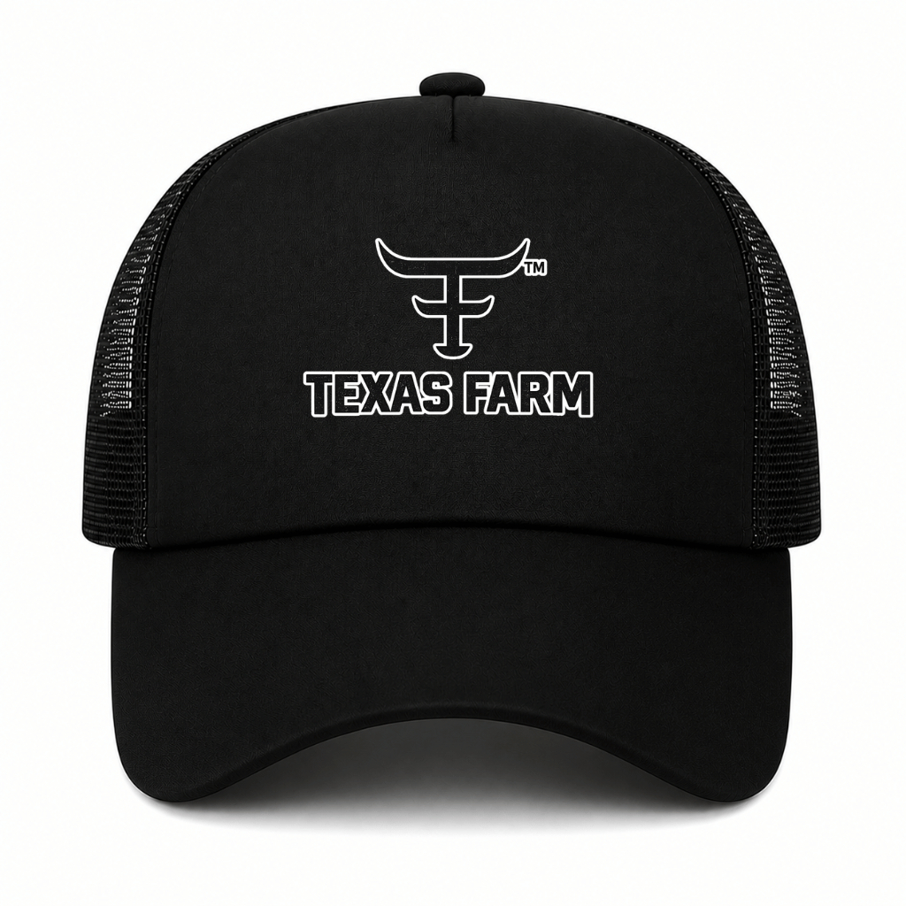 Boné Trucker Texas Farm Premium Estampa DTF Aba Curva Ajustável Unissex Country Agro Rodeio