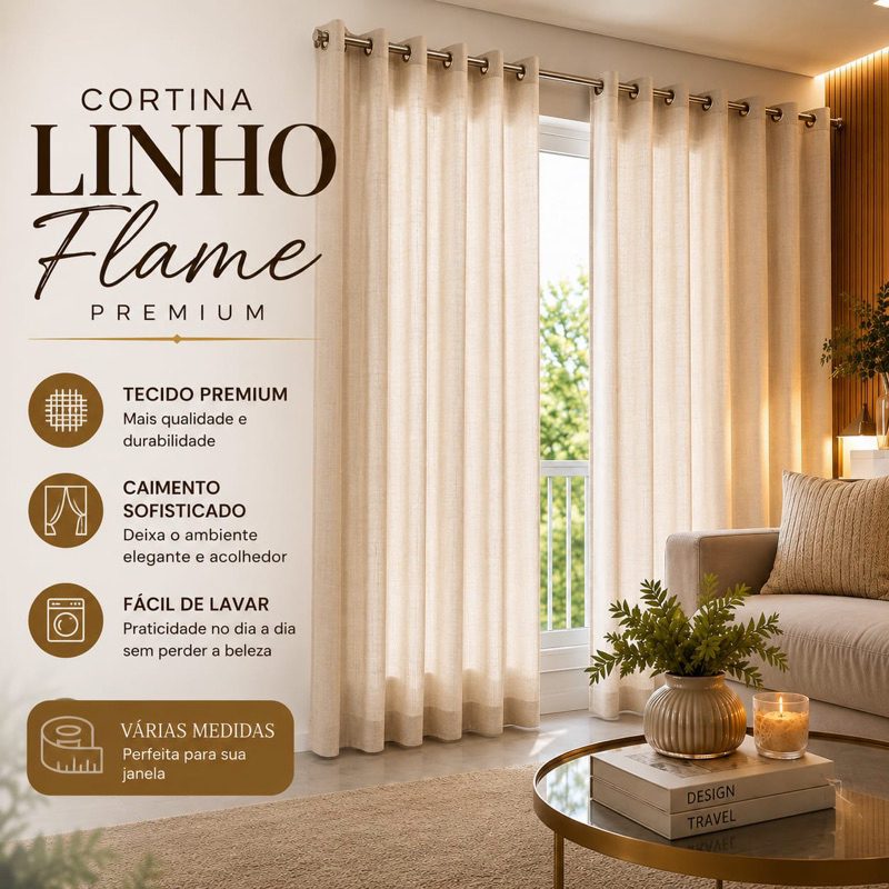 Cortina Linho Flame Premium para Sala e Quarto | Ilhós Cromado | Caimento Elegante | Várias Medidas