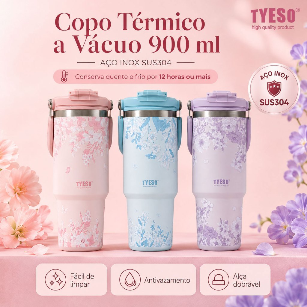 Copo Térmico TYESO Floral Aço Inox SUS304 900ml Tampa Dupla Anti Vazamento Alça Dobrável Isolado a Vácuo Livre BPA