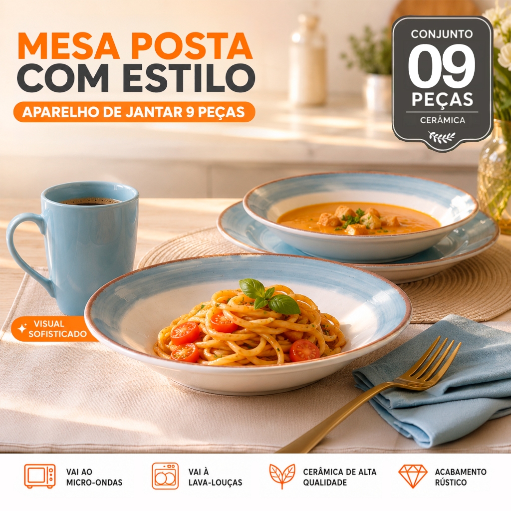 Aparelho de Jantar 9 Peças Xaviera Cerâmica Premium Ideal para Mesa Posta