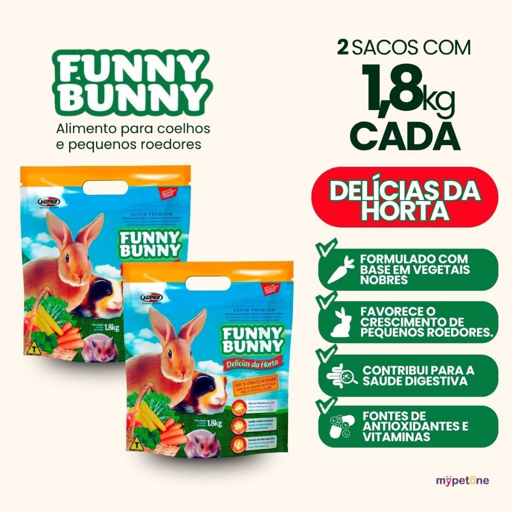 Kit 2 Ração Funny Bunny 1,8 Kg Delícias da Horta Coelhos, Hamster e Roedores