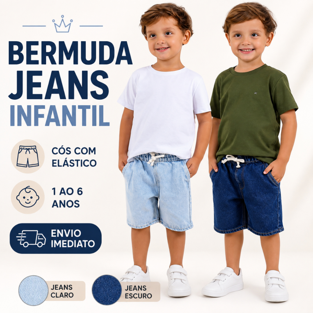 Bermuda Jeans Infantil Menino Bebê Short Masculino Cós Elástico Cordão Confortável 1 ao 6 Anos
