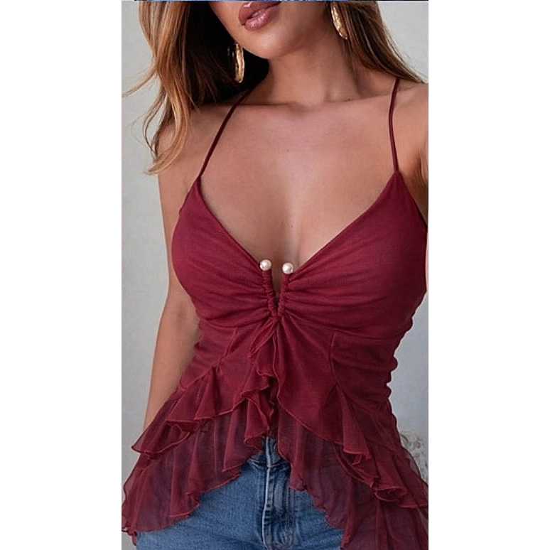 Blusa Feminina Tule Importado Babado Alça Fina Decote Franzido Moda Verão