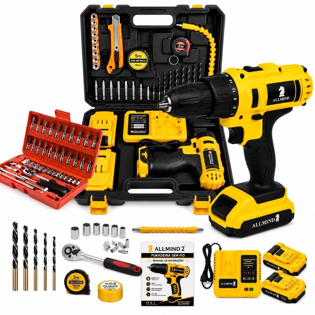 Kit Furadeira Parafusadeira 2 Baterias Profissional 25V Brushless Bivolt Acessórios E Maleta Soquete