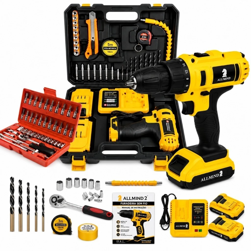 Kit Furadeira De Impacto Parafusadeira 2 Baterias Profissional 25V Brushless Bivolt E Maleta Soquete