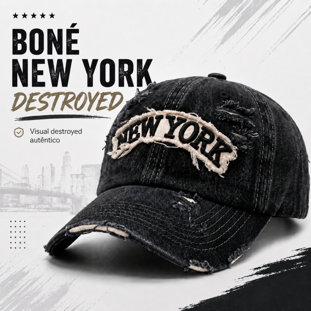 Boné Ny New York Destroyed Rasgadinho Lavado Estonado Clássico Bone Masculino Feminino Lançamento Fitão Ajustável