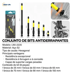 Jogo 6 Pontas De Impacto Phillips PH2 Imã Forte Aço S2 Luatek LWJ-2235 Para Parafusadeira
