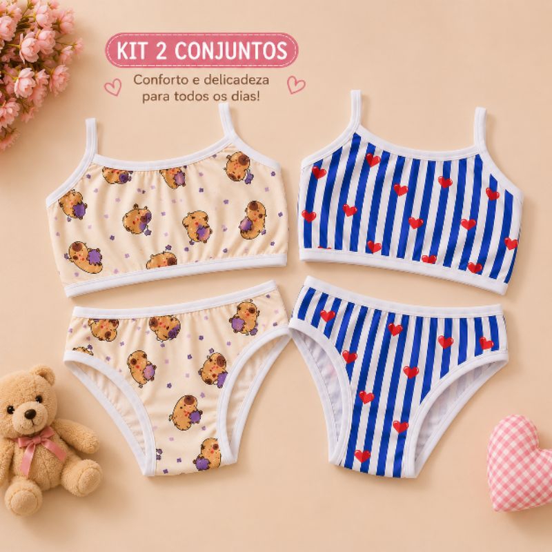 Kit 2 Conjuntos Infantil Juvenil Menina Moça Top e Calcinha em Suede Macio Estampas Variadas Confortável P ao GG
