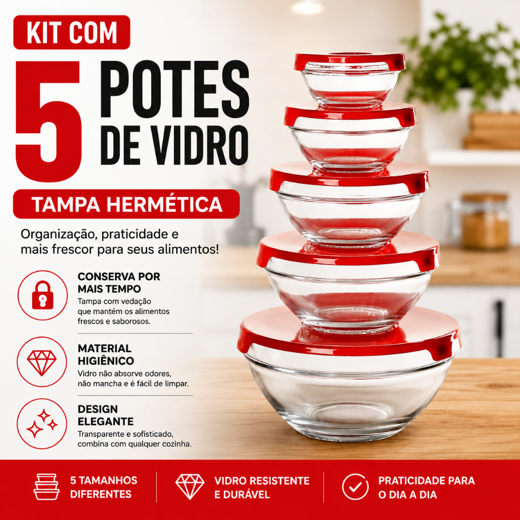 Kit 5 Potes de Vidro com Tampa Hermética Redondo para Alimentos Geladeira Cozinha Organizador