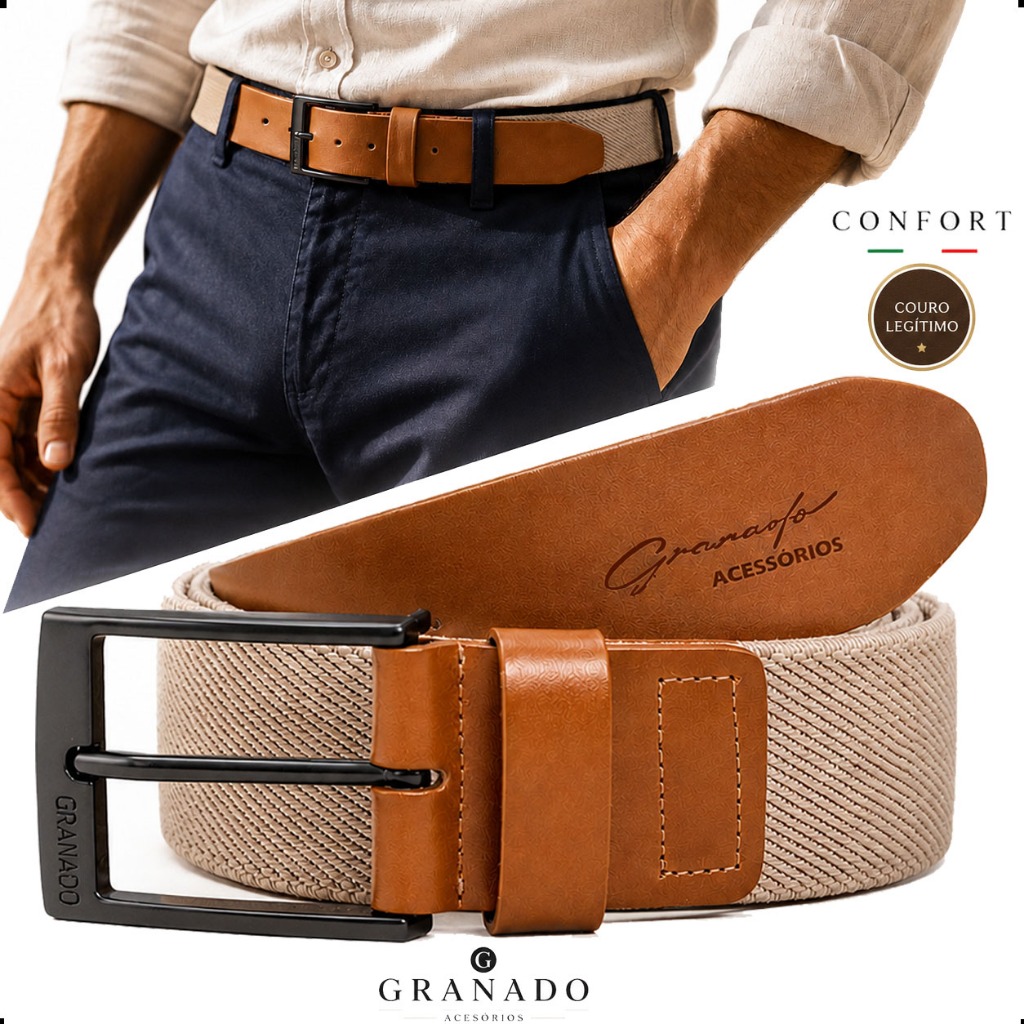 Cinto Masculino Esportivo Couro Legítimo Elástico Premium