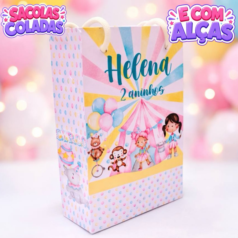 Sacolinha Circo Aquarelado Rosa Personalizados/Lembracinha de Festa/Aniversário/Lembrancinha Festa Infantil