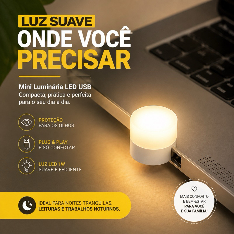 Mini Luminária LED USB 1W Portátil Luz Noturna Abajur para Notebook Computador Quarto Leitura