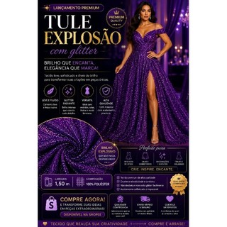 Tule com Glitter Explosão 1,50m de Largura Brilho Forte Para Decoração Festa e Fantasia Roxo